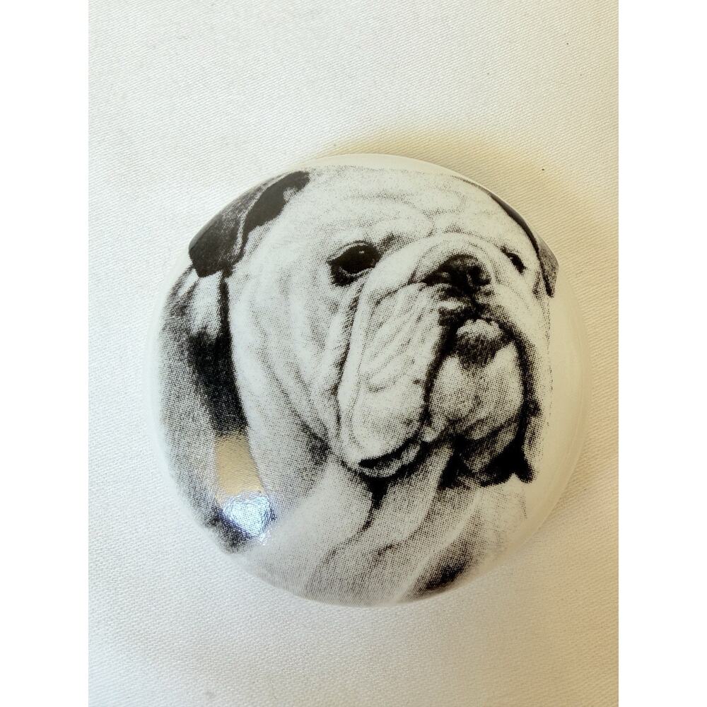 Vtg Vladimir 94’ Bulldog Portrait Glass Black & White Cabochon Paperweight